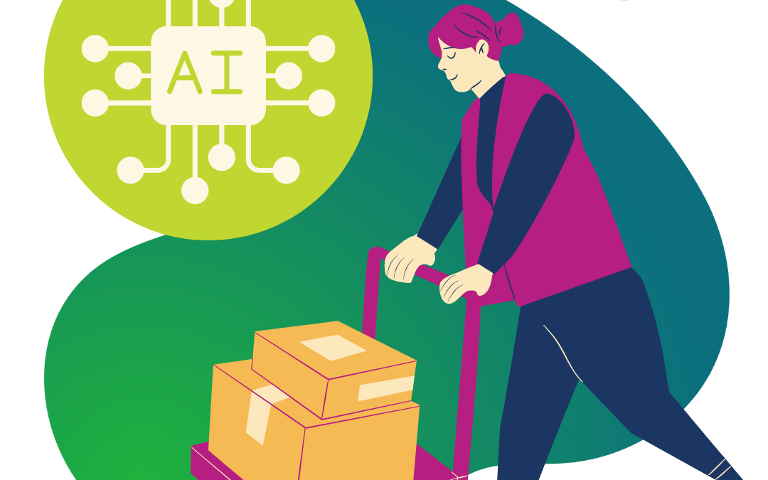Warehouse employee pushing a cart full of boxes. Image includes an icon of an AI computer circuits.