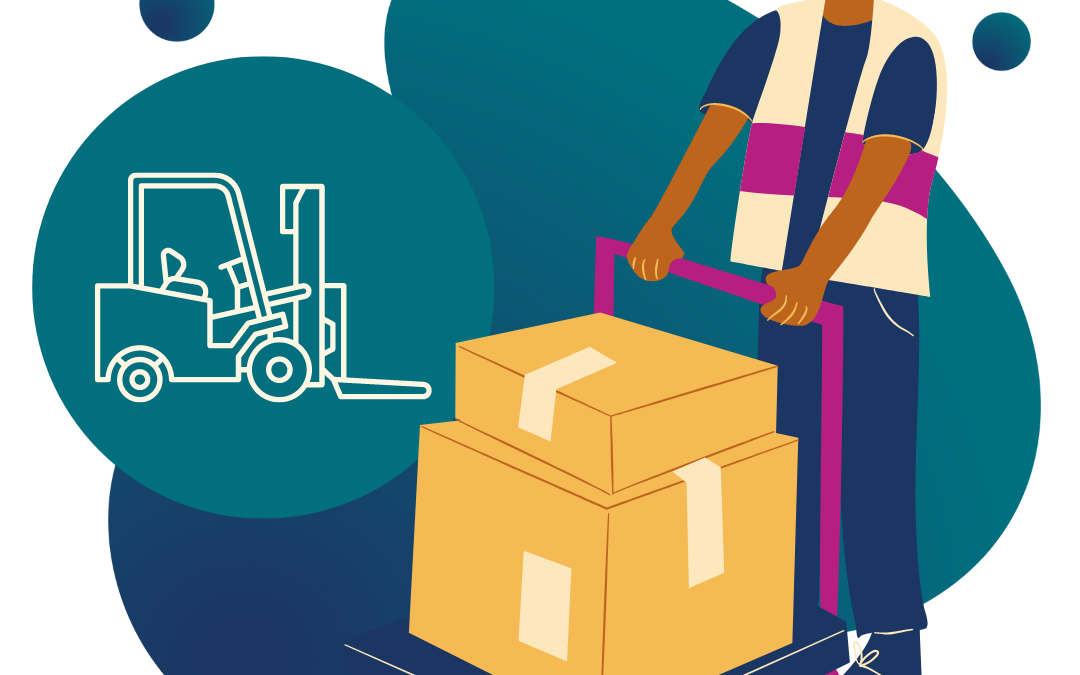 A male warehouse employee pushing a cart with boxes on it, along with an simple graphic of a forklift in the background